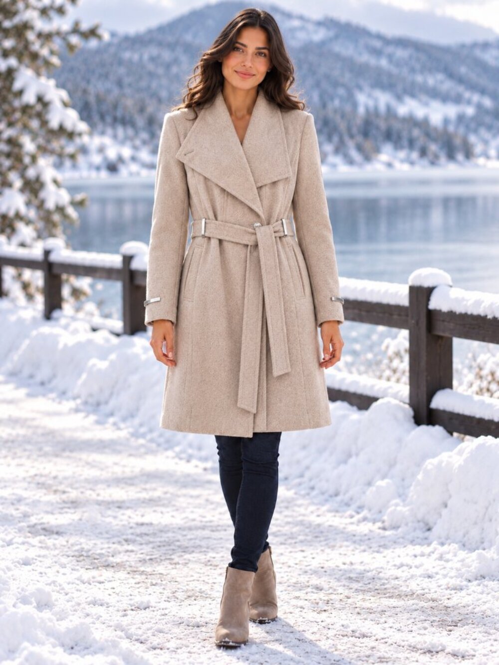 Calvin Klein Heathered Oatmeal Wool Blend Belted Wrap Coat XL